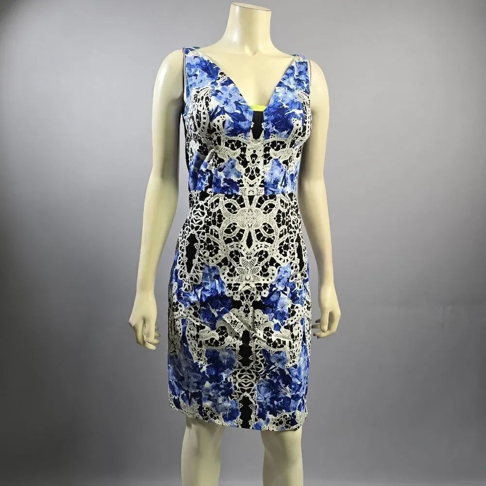 Elie Tahari Blue and Black Floral Lace Midi Dress R8